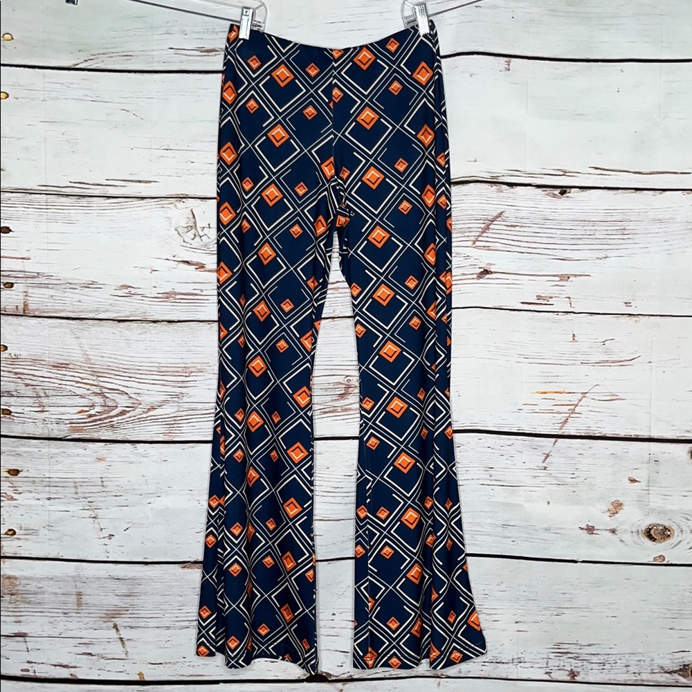 Zara NWT L Navy Blue & Orange Geometric Print Pull On Flare Leg Leggings Pants